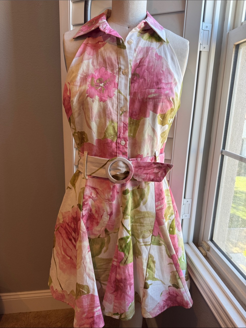 Lavender Brown Pink Floral Halter Shirtdress